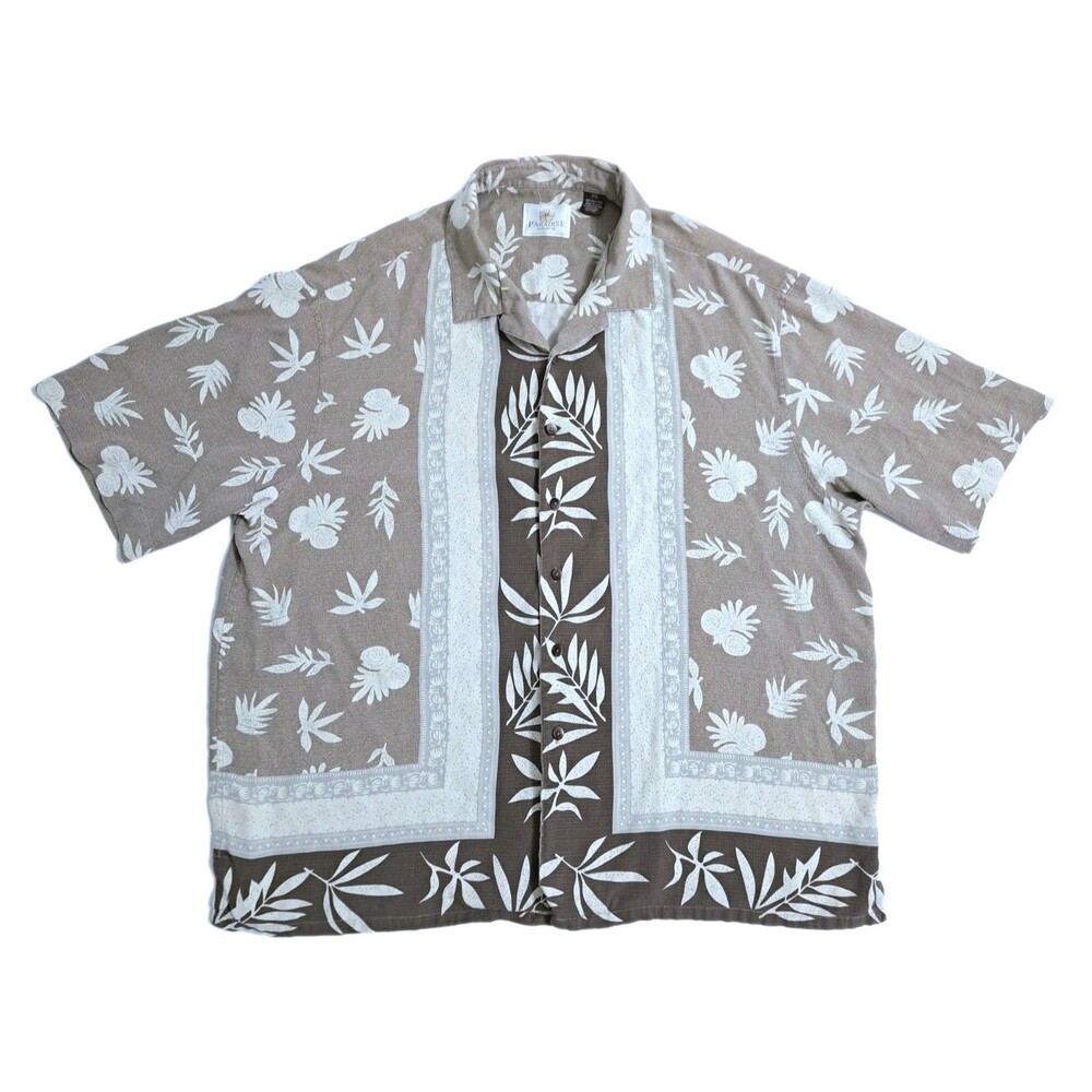 Hawaiian Shirt Men's 2XL Silk Tropical Island Brown Paradise Floral Tiki Party